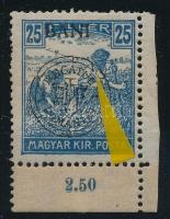 Kolozsvár 1919 Arató 25f a felülnyomatban lemezhibával / with plate variety Signed: Bodor