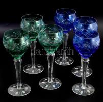 Színezett ólomkristály talpas pohár készlet. II. osztályú (gyári anyaghibákkal), 6 darab, m: 20,5 cm