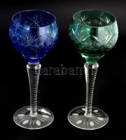 Színezett ólomkristály talpas pohár készlet. II. osztályú (gyári anyaghibákkal), 6 darab, m: 20,5 cm