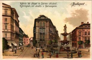 Budapest VIII. Kálvin tér, József és Baross utca, szökőkút, gyógyszertár. Ganz Antal 304. litho