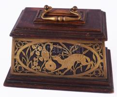 Iparművész fa ékszeres doboz, réz díszítéssel, 19x13x12 cm