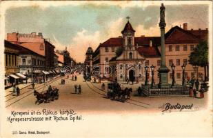 Budapest VIII. Kerepesi út (Rákóczi út), Rókus kórház, lóvasút, pénz előleg. Ganz Antal 303. litho (fl)