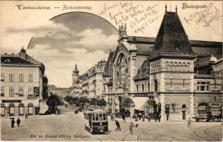 1901 Budapest IX. Vámház körút, Vásárcsarnok, villamos, Nádor szálloda, kávéház, gyógyszertár, Klein N. üzlete. Divald Károly 214. sz.