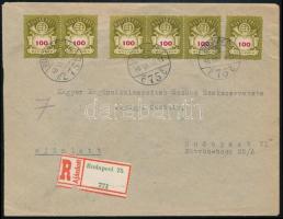 1946 (21. díjszabás) Budapest helyi ajánlott levél 11 db Milliárdos 100MP bélyeggel / Local registered cover with 11 stamps