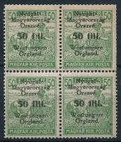 Nyugat-Magyarország VI. 1921 Arató 50f/50f négyestömb lemezhibákkal (kis betapadás) / block of 4 with plate varieties (small gum disturbance)
