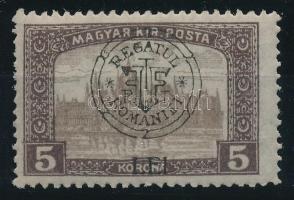 Kolozsvár 1919 Parlament 5K a felülnyomatban különböző lemezhibákkal / with misc. plate varieties Signed: Bodor