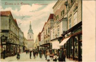 1907 Krems an der Donau, Obere Landstrasse. Verlag Leopold Siller / street view, shops of Fritsch and Alois Hauer, post office (r)