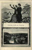 Wien, Vienna, Bécs; Fröhliche Grüße aus Sievering / Art Nouveau greetings with vineyards, grapes and wine drinking men sitting on a wine barrel