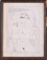 Lázár Sándor (1916-1994): Női akt és Krisztus (Goethe-illusztráció). Tus, papír. Jelzett. Ázásnyommal. Üvegezett, sérült fakeretben. 30,5×21,5 cm