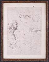 Lázár Sándor (1916-1994): Női akt és férfi alak (La Fontaine-illusztráció). Tus, papír. Ázásnyommal. Üvegezett fakeretben. 30,5×21,5 cm