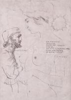 Lázár Sándor (1916-1994): Női akt és férfi alak (La Fontaine-illusztráció). Tus, papír. Ázásnyommal....