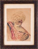 Péczely Antal (1891-1960): Turbános ecsettel. Akvarell, papír, jelzett. Üvegezett, dekoratív fakeretben, 35,5×19 cm