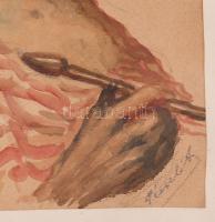 Péczely Antal (1891-1960): Turbános ecsettel. Akvarell, papír, jelzett. Üvegezett, dekoratív fakeret...