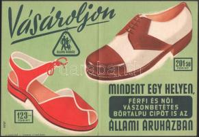 Vissy Gábor (-): Vásároljon mindent egy helyen, Állami Áruházban. Cipő reklámplakát, papír, jelzett a plakáton. Typopress. Közepén hajtásnyommal. 22x32 cm