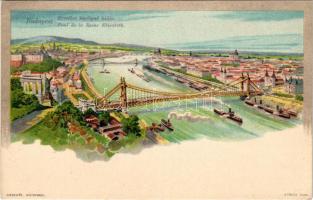 Budapest, Erzsébet királyné hídja, Tabán, Szent Gellért szobor, Királyi vár. Székesfőváros Házinyomda litho