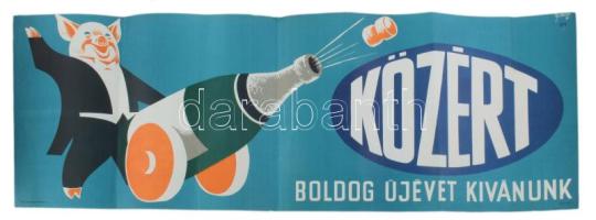 Gönczi-Gebhardt Tibor (1902-1994): Közért, boldog új évet kívánunk, 1970 körül. Reklámplakát, ofszet, papír, jelzett a plakáton. Hajtásnyomokkal. 28x81 cm