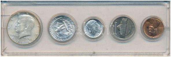 Amerikai Egyesült Államok 1964. 1c-1/2$ (5xklf) forgalmi sor lezárt plasztiktokban T:UNC,XF USA 1964. 1 Cent - 1/2 Dollar (5xdiff) coin set in plastic case C:UNC,XF