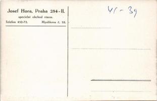 Praha, Prague, Prága; Josef Hora, Restaurace na Fontáne. Ces. Budejov. akc. pivo, Moravské klobásy n...