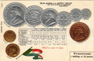 Transvaal. Postkarte mit Nationalflagge zur Information über internationales Münzwesen / Transvaal pénzérmék és zászló. Dombornyomott arany és ezüst litho / South African Republic coins and flag. H.S.M. Art Nouveau, Embossed litho (lyuk / pinhole)