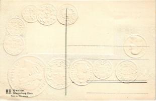 Schweiz. Münzenkarte und Nationalflagge / Swiss set of coins, currency exchange chart and flag. Emb....