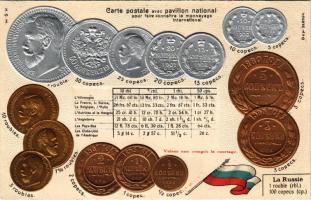 La Russie, pavillon national / Oroszország - érmék és zászló. Dombornyomott / Russian coins and flag. Emb. litho (lyuk / pinhole)