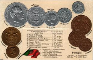 Portugal. Münzenkarte und Nationalflagge / Portuguese set of coins, currency exchange chart and flag. Emb. litho (lyuk / pinhole)