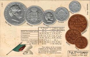 Le Portugal. Münzenkarte und Nationalflagge / Portuguese set of coins, currency exchange chart and flag. H.S.M. Emb. litho (lyuk / pinhole)