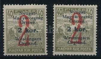 Nyugat-Magyarország VI. 1921 2 db Arató 2K/40f "törött 2-es" lemezhibával Signed: Bodor