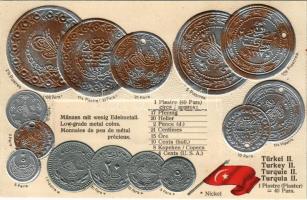 Türkei II. - Münzenkarte und Nationalflagge / Turkish coins and flag. Emb. litho