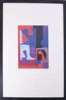 Halász Szabó Sándor (1920-1997): Kék-piros kompozíció. Szitanyomat, papír, jelzett, számozott (20/30), üvegezett fakeretben, 31,5x24,5 cm