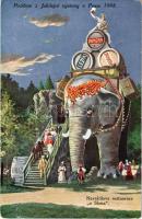 Praha, Prague, Prága; Pozdrav z Jubilejní vystavy v Praze 1908. Navrátilova restaurace "u Slona" / Prague Jubilee Exhibition, trade fair, restaurant