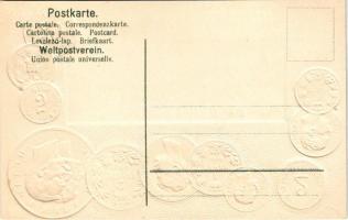 La Servie / Set of coins, currency exchange chart and flag of Serbia. H.S.M. Emb. litho (lyukak / pi...