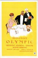 1928 Praha, Prague, Prága; Restaurace Olympic. Rodinná vinárna, dancing, buffet espresso. Restauráter Josef Hátle. Spálená 26. / restaurant advertisement art postcard (EK)