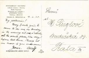 1928 Praha, Prague, Prága; Restaurace Olympic. Rodinná vinárna, dancing, buffet espresso. Restauráte...