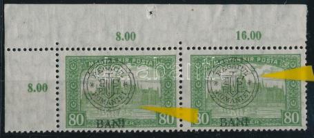 Kolozsvár 1919 Parlament 80f ívsarki pár lemezhibákkal a felülnyomatban / corner pair with plate varieties Signed: Bodor