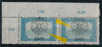 Kolozsvár 1919 Parlament 75f ívsarki pár lemezhibákkal a felülnyomatban / corner pair with plate varieties Signed: Bodor