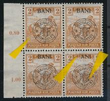 Kolozsvár 1919 Arató 2f négyestömb lemezhibákkal a felülnyomatban / block of 4 with plate varieties Signed: Bodor
