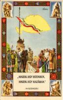 1938 Hiszek egy Istenben, Hiszek egy hazában (Hiszekegy). Kiadja az Ereklyés Országzászló Nagybizottsága / Hungarian irredenta propaganda, Hungarian flag, Treaty of Trianon s: Lamoss + "1938 KOMÁROM VISSZATÉRT" So. Stpl (EK)