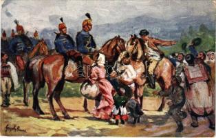 1916 Az ellenségtől felmentett város népe üdvözli a bevonuló huszárokat / Hussars, Military WWI propaganda, Nr. 687. s: Gergely (EK)