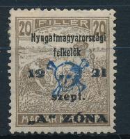 Nyugat-Magyarország II. 1921 Arató 20f halálfejes felülnyomással (80.000) / Mi 14 Sign: Bodor (bal felső sarokban betapadás / gum disturbance)