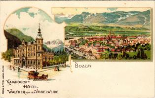 Bolzano, Bozen (Südtirol); Kamposch's Hotel Walther von der Vogelweide / hotel advertisement, general view with railway station. Müller &amp; Trüb Art Nouveau, litho (Rb)