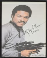 "Billy Dee" Williams (1937-) a Star Wars Lando Calrissianjának aláírása egy őt Lando Calrissianként ábrázoló képen, üvegezett keretben, 21x30 cm /  Autograph signature of "Billy Dee" Williams (1937-), the actor of Lando Calrissian, in a glased frame, 21x30 cm