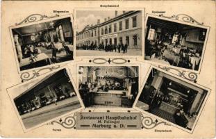 1915 Maribor, Marburg; Restaurant Hauptbahnhof M. Fellinger. Hauptbahnhof, Bürgersalon, Speisesaal, Perron, Küche, Hauptschank. Verlag J. Massak / central railway station restaurant, interiors with waiters, kitchen with workers. Art Nouveau frame (fl)