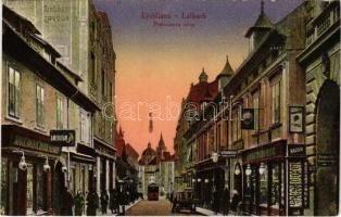 1918 Ljubljana, Laibach; Presernova ulica / street view, restaurant, tram, publisher's shop (Emil Dobric)