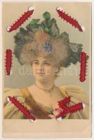 Hölgy igazi hajas rátéttel, szalaggal / Lady with real hair and ribbon. litho (EK)