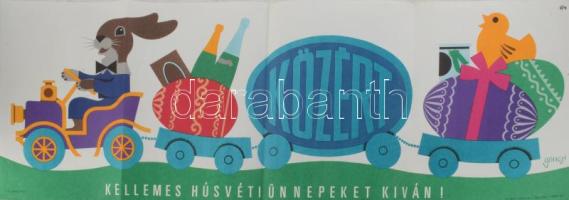 Gönczi-Gebhardt Tibor (1902-1994): Kellemes húsvéti ünnepeket kíván a Közért, 1971-75 körül. Reklámplakát, ofszet, papír, jelzett a plakáton. Offset és J. Nyomda. Hajtásnyomokkal. Sarkaiban apró lyukakkal. 28,5x81,5 cm