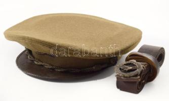 M. Kir. Honvéd Légierő, repülőtiszti tányérsapka, kissé megviselt állapotban, egy hiányzó gombbal, belső méret: 16,5x18,5 cm + bőr derékszíj (öv), fém csattal