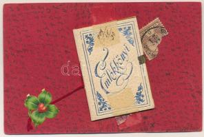 1901 Egyedi, ragasztott művészlap emlékkönyv rátéttel, lóherével, titkosírással írt üzenettel / Unique handmade postcard with memorial book and clover (felületi sérülés / surface damage)