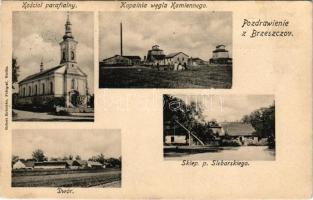 1908 Brzeszcze, Kosciol parafialny, Kopalnia wegla Kamiennego, Dwór, Sklep. p. Slebarskiego. Robert Krischke Fotograf (Bielitz) / parish church, coal mine, manor house, Slebarski's shop (fl)