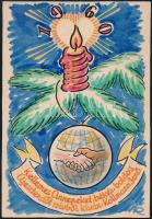 Kertes-Kollmann Jenő (1904-1974): Ünnepi-újévi rajz, 1960. Akvarell, tus, karton, jelzett. 15x10 cm. A tételhez tartozik egy Kertes-Kollmann Jenő műről készült fekete-fehér ofszet reprodukció, hátoldalán Kertes-Kollmann Jenő autográf aláírásával. 7,5x10 cm